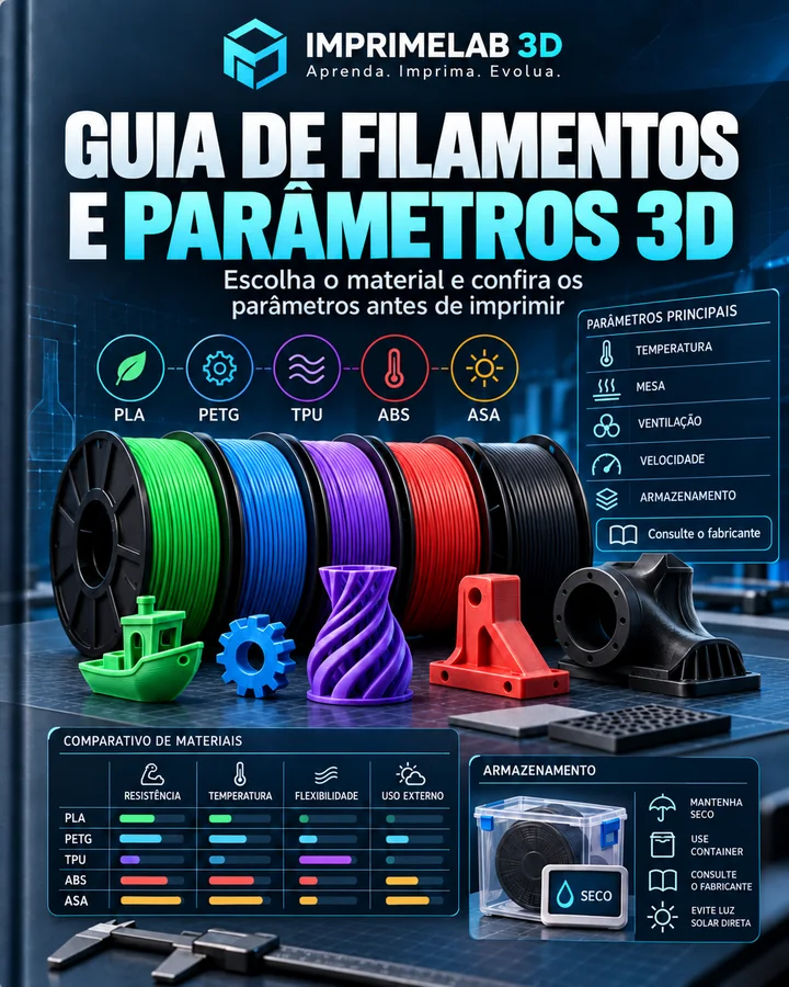 Capa ilustrativa de Guia de Filamentos e Parâmetros 3D