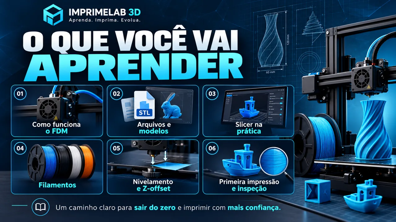 Visão ilustrativa dos temas: FDM, arquivos, slicer, filamento, preparação e inspeção.