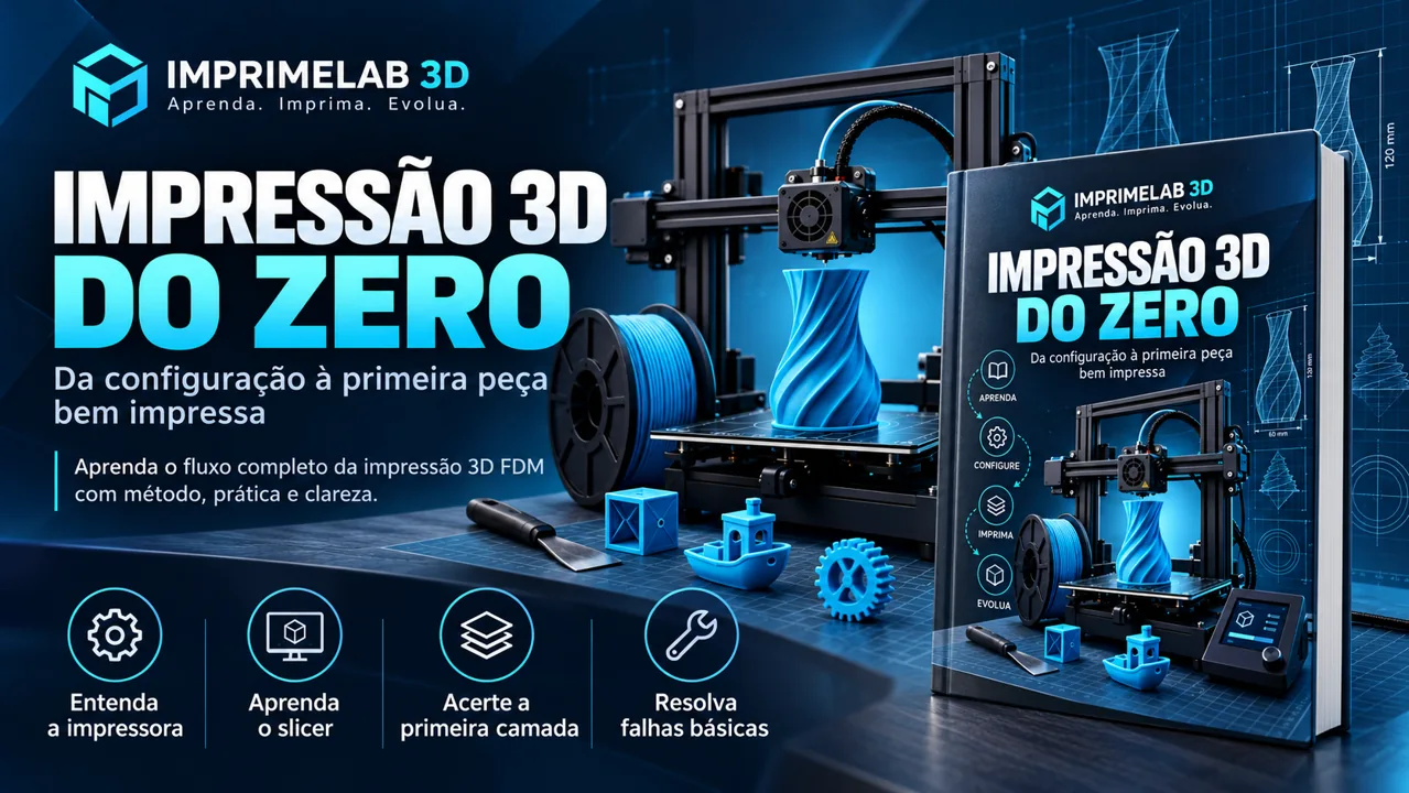 Apresentação ilustrativa do ebook Impressão 3D do Zero, com impressora FDM e peça azul.