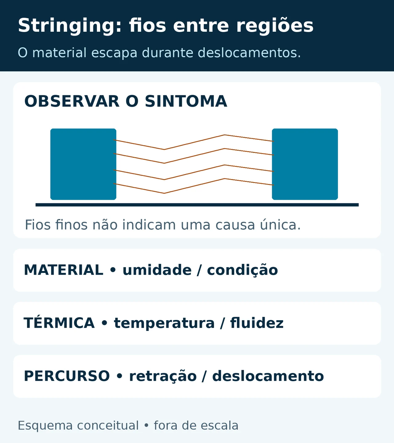 Duas torres ligadas por fios de material. Três grupos a investigar: condição e umidade do filamento, comportamento térmico e retração com deslocamento.